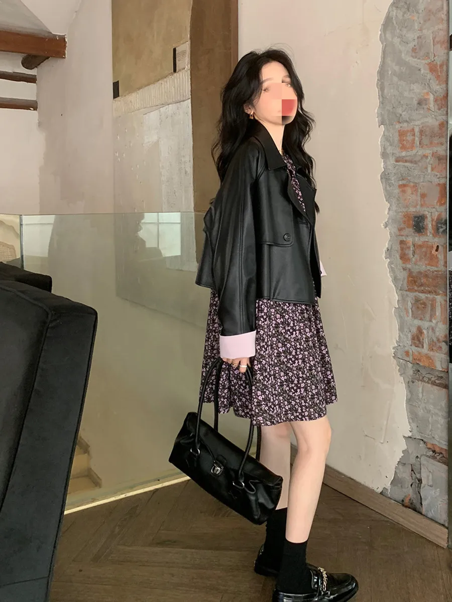 Sweet Girl Korean Short  Black Stitching Leather Coat Female Autumn 2022 Korean Fashion Loose Motorcycle Jacket Japan