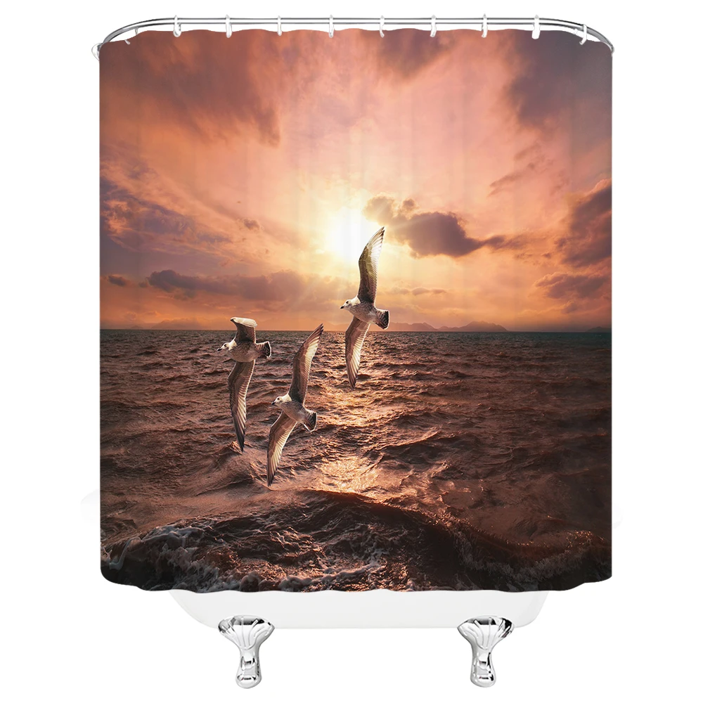 

Ocean Shower Curtain Nature Landscape Flying Bird Seagull Sunset Sea Decorative Curtain Set Waterproof Fabric