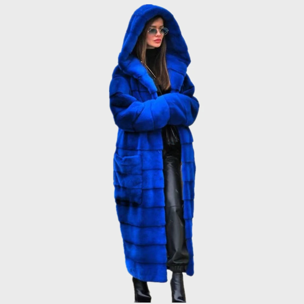 Women 5XL Winter Parka Coat Casual Long Sleeve Faux Fur Coat With Hooded Furry Thick Warm Long Faux Rabbit Fur Jacket Overcoat