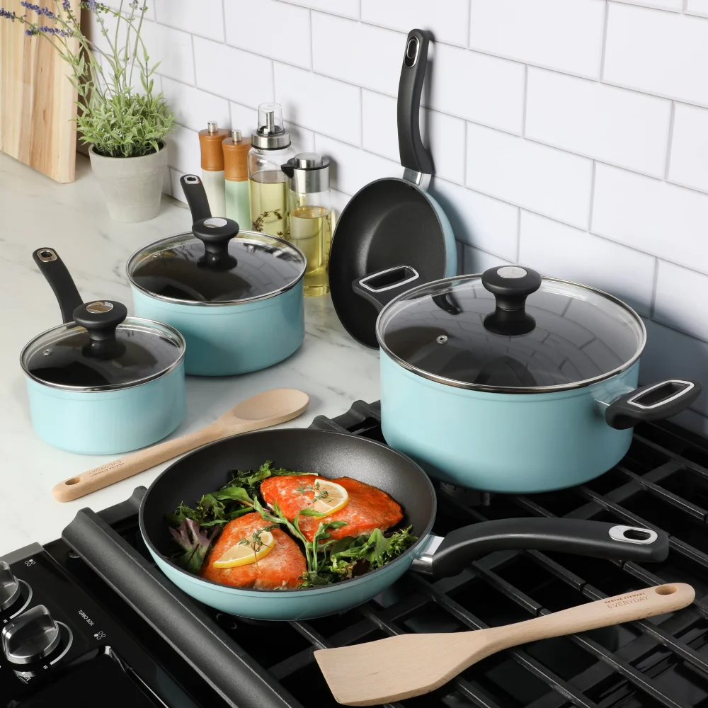 

Everyday Hearne 10-Piece Dusty Blue Enamel Aluminum Cookware Set Kitchen Utensils Pots, Pans and Utensils