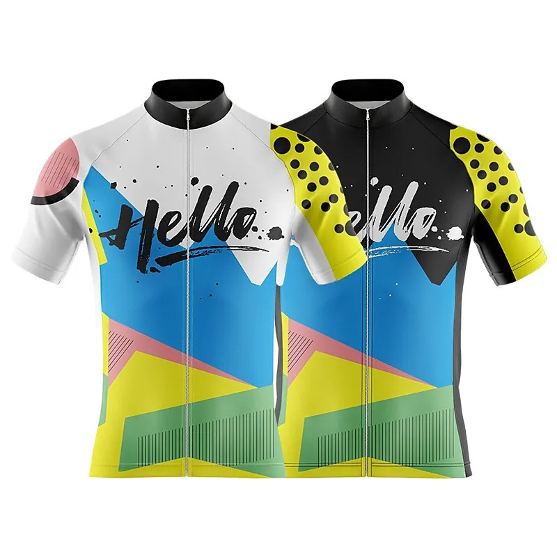 

Hello Colorful Geometric Figures Short Sleeve Cycling Jersey Pro Cycling Wear Aero Jersey Race Cut Full Zip Quick Dry Anti-sweat