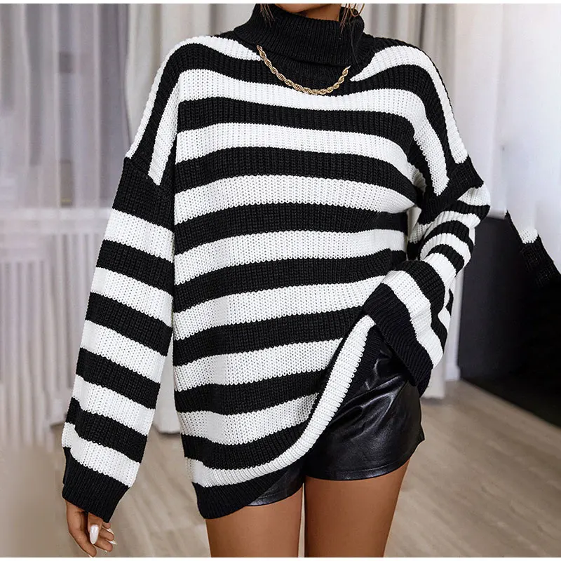 

Women Fashion Striped Knitted Sweaters Dress Female Overtised O-Neck Turtleneck Sweater Dresses Autumn Lady Streetswear Dresses