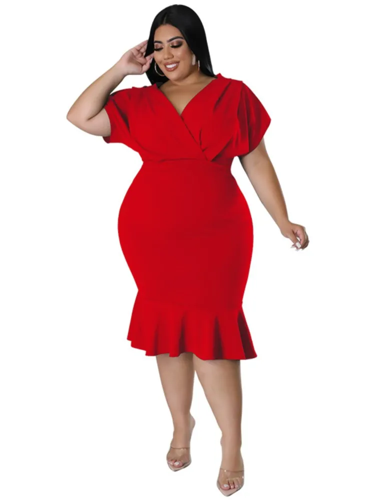 

5XL Plus Size Dress Women V Neck High Waist Ropa Mujer 2022 Summer New Solid Ruffle Patchwork Office Lady Mermaid Dress Vestidos