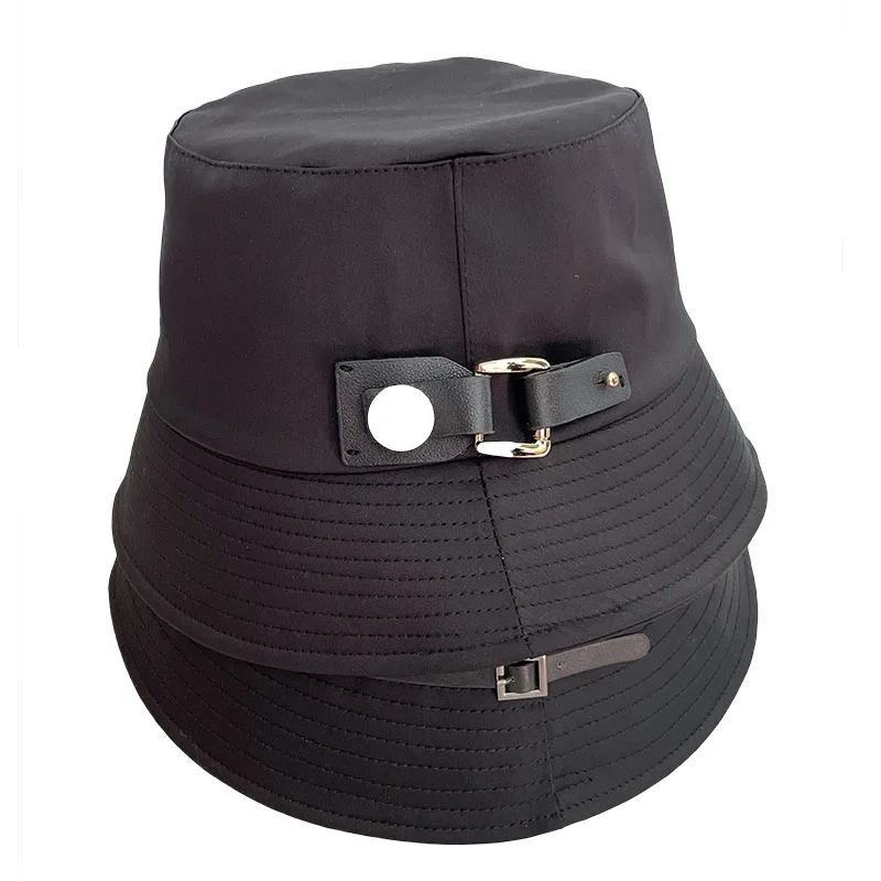 Spring and Fall Black bucket Hats Women Designer Leather buckle decorative  Cap for men Lovers fisherman hat Harajuku basin hat