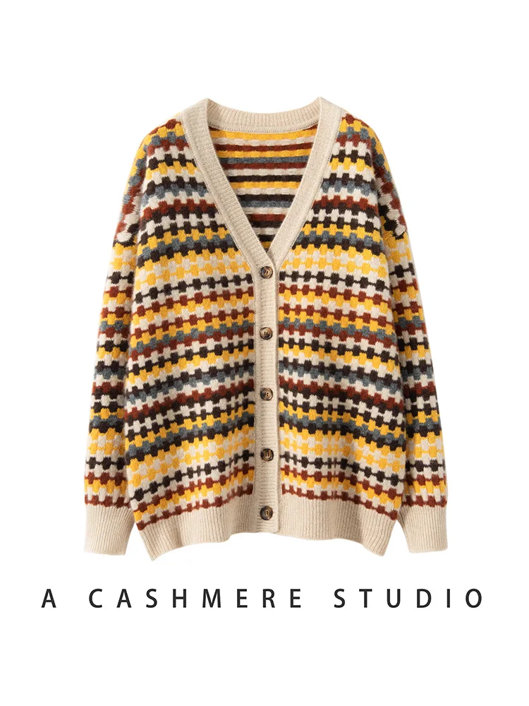 Женский кашемировый кардиган с v-образным вырезом разноцветный свитер осень-зима