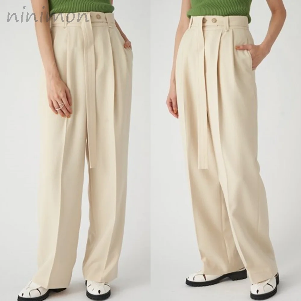 

NINIMON Japanese Women Pantalones High Waist Wide Leg Pants Pockets Solid Loose Casual Trousers with Belt Office Suit Trousers