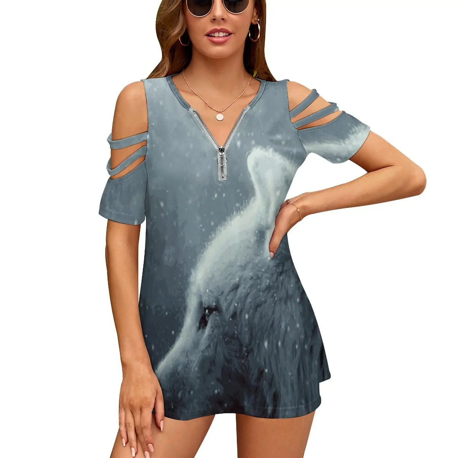 

Женские пикантные винтажные футболки на молнии с принтом волка, топы, футболка с полным принтом волка, абстарт, темное искусство, фотоманпул...