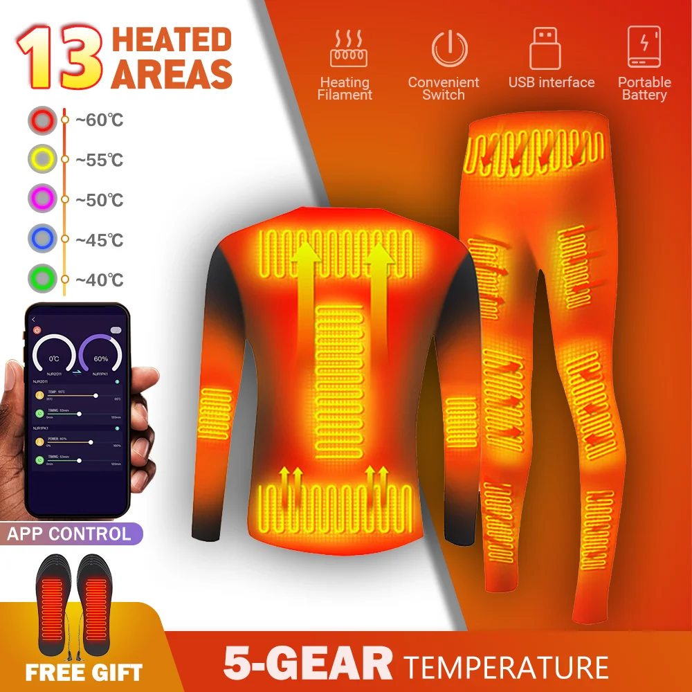 

Winter Heated Jacket Powered Smart Phone APP Control Temperature TopsThermal Clothing FleeceThermal Underwear USB Battery
