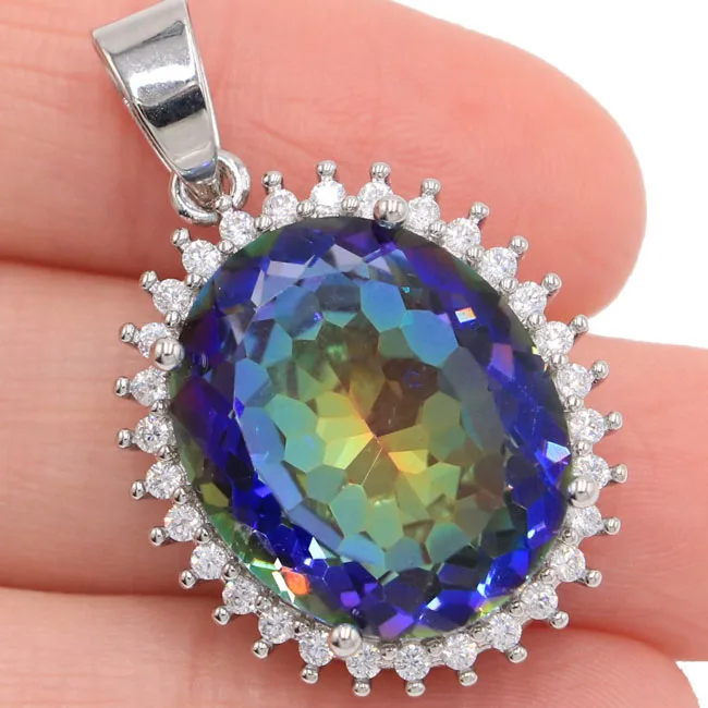 

6g 925 SOLID STERLING SILVER PENDANT Big Oval Gemstone Violet Tanzanite Rainbow Violet Topaz Green Peridot CZ Ladies Party