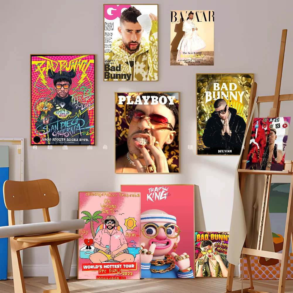Pop Hip Hop Rapper B-Bad B-Bunny Whitepaper Poster Waterproof Paper Sticker Coffee House Bar Aesthetic Art Wall Painting