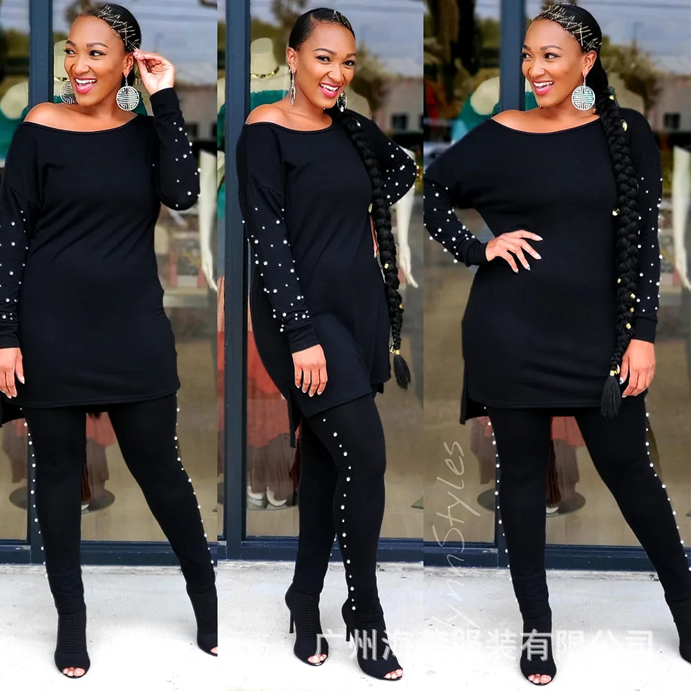 Plus Size Women Clothing Solid Color Long Sleeve Fashionable Bubble Bead Round Neck Top Casual Trousers Two-piece Suit Slim Fit