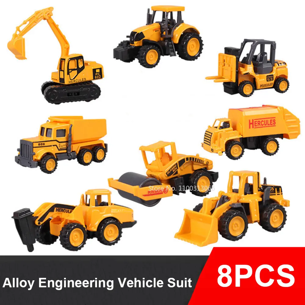 

8PCS/Set Kids Toy Sliding Alloy Truck Model Engineering Dump Truck Excavator Road Roller Mixer Forklift Engineering Truck Model