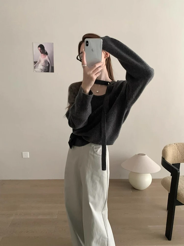 Новый вязаный женский свитер с подвесным воротником и пряжкой в форме сердца на