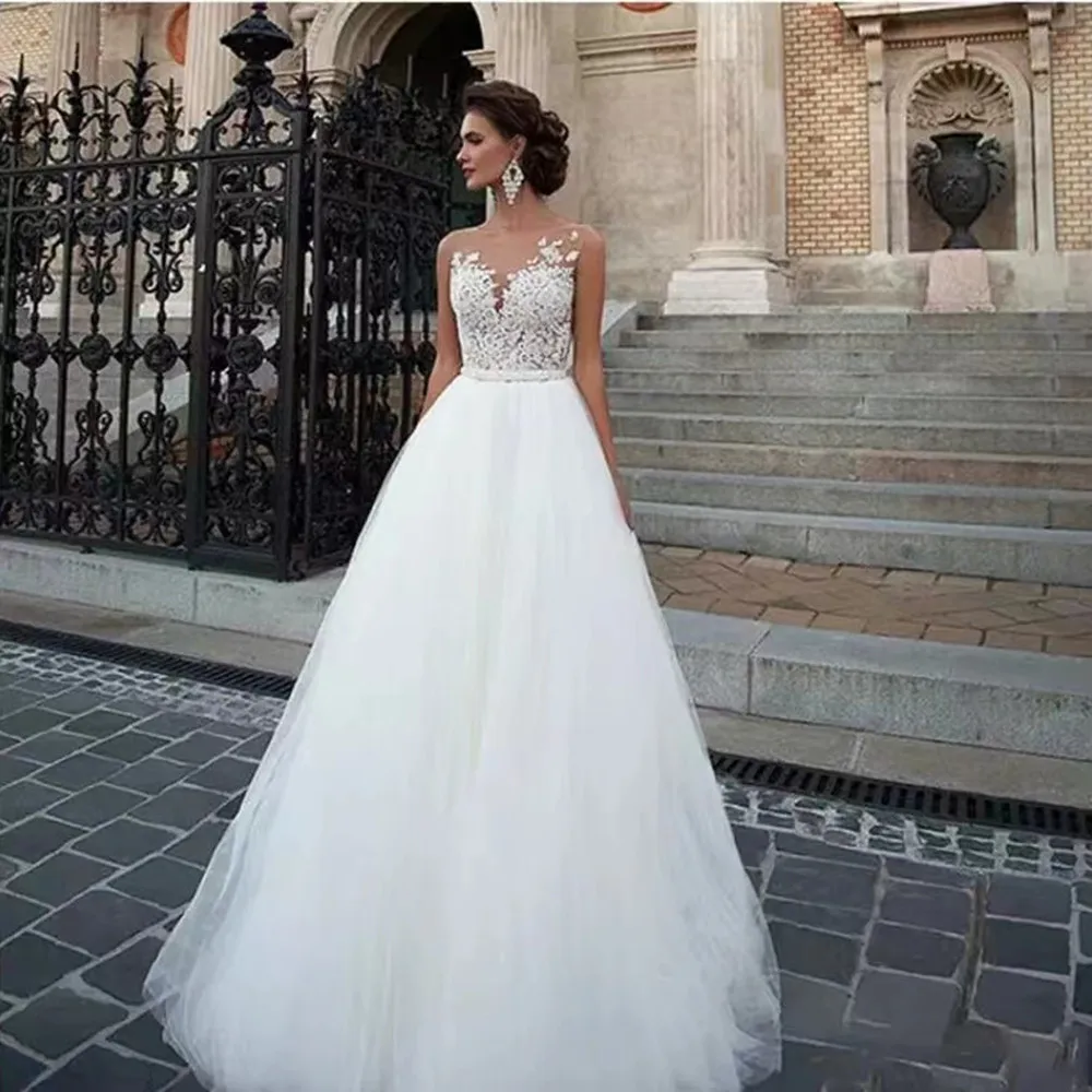 

Boho Wedding Dress Tulle Lace Appliques Beach Bridal Gown Princess Wedding Dresses White/Lvory Buttons