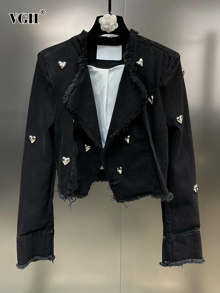

VGH Solid Patchwork Rivet Denim Coat For Women V Neck Long Sleeve Spliced Raw Hem Minimalist Coats Female Fashion Clothes New