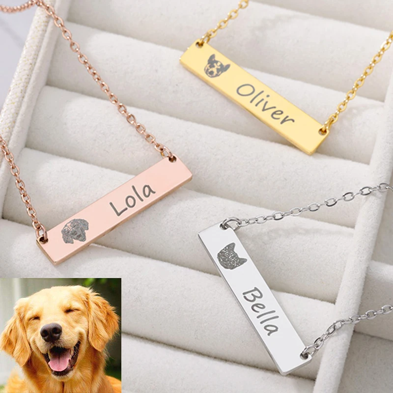 

Custom Pet Photo Name Necklaces For Women Stainless Steel Engraved Rectangle Custom Animal Picture Pendant Necklace Jewelry Gift