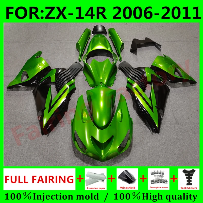 

Обтекатели для мотоцикла, комплект обтекателей для Ninja ZX-14R 2006 2007 2008 2009 2010 ZX14R zx 14r 06 07 08, обтекатель для кузова, зеленый, черный