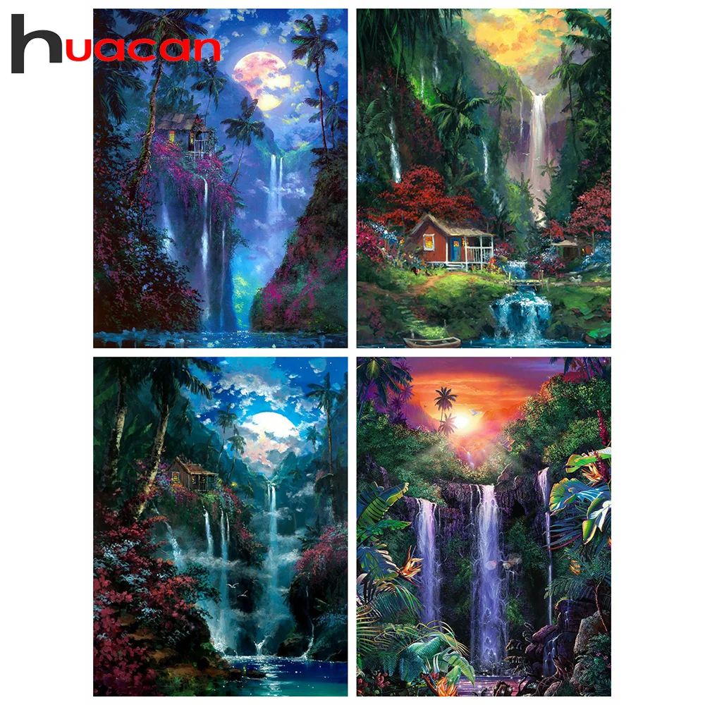 

Алмазная живопись Huacan, вышивка крестиком, водопад, полноразмерная/Круглая Мозаика, луна, пейзаж, украшение для дома
