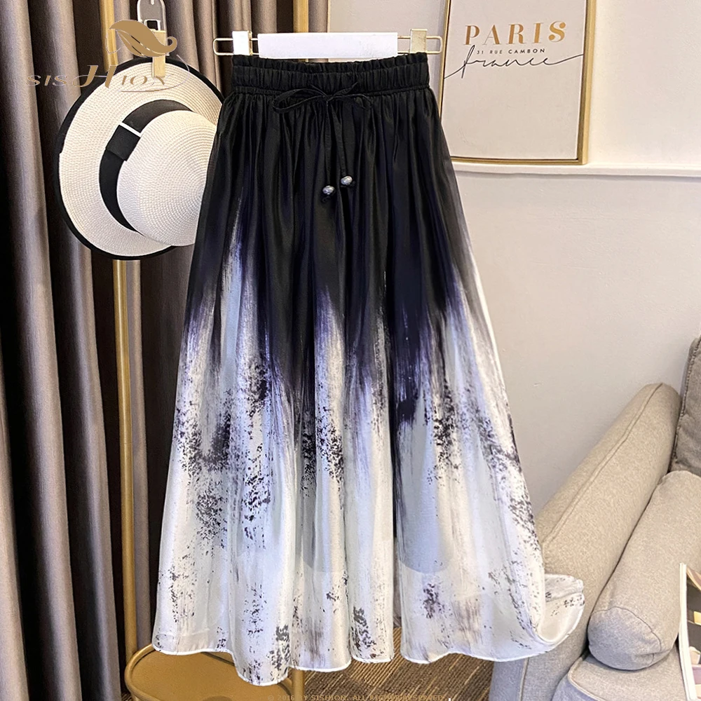 

SISHION Elastic Waist Midi Long Skirt for Women Summer Gradient Organza Luxury Painting Design Printed A Line Skirts VD4082