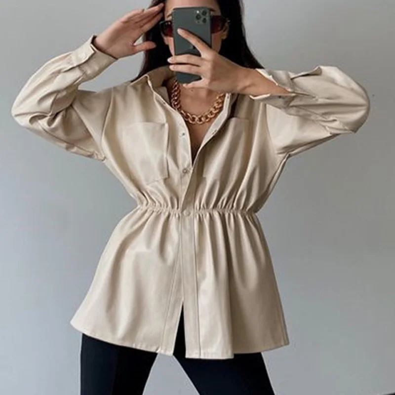 

Fashion Turn-down Collar PU Jacket Autumn Casual Long Sleeve Shirt Outwear 2022 Spring Women Elegant Single-breasted Solid Coats