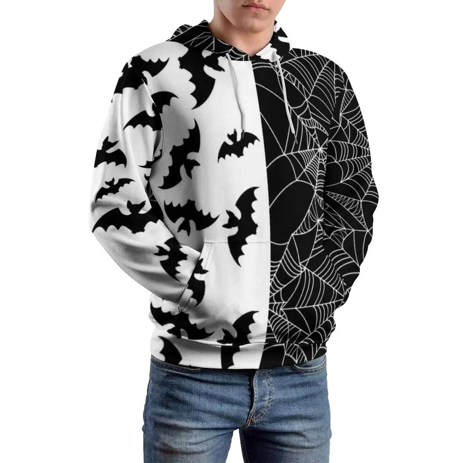 

Black Bat Hoodie Webs Print Two Tone Mens Warm Hoodies Long Length Outdoor Stylish Pullover Hoodie Oversize