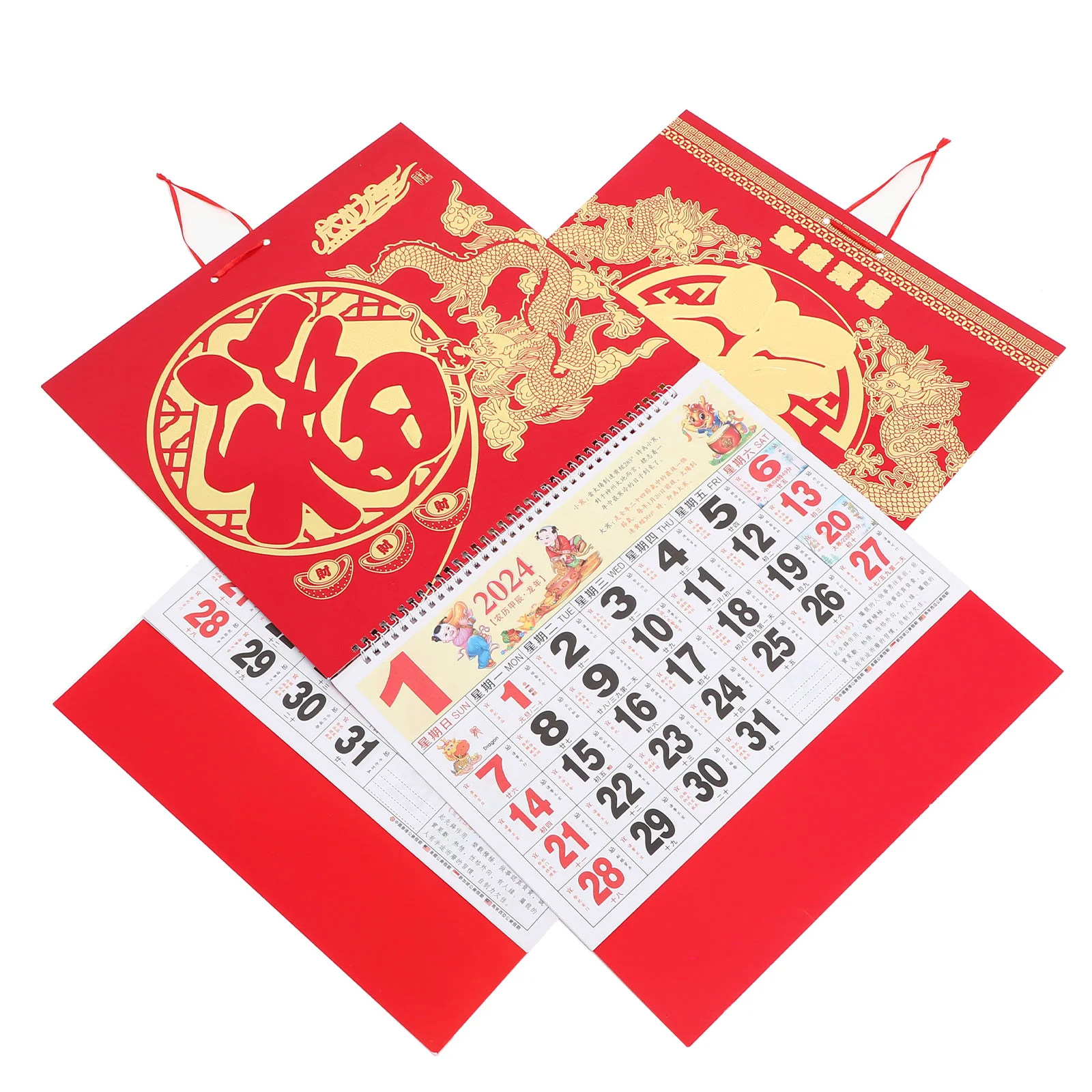 

2 Pcs Calender 2024 Wall Calendar Decorative Hanging Lunar Decoration Gold Leaf Chinese New Year Style