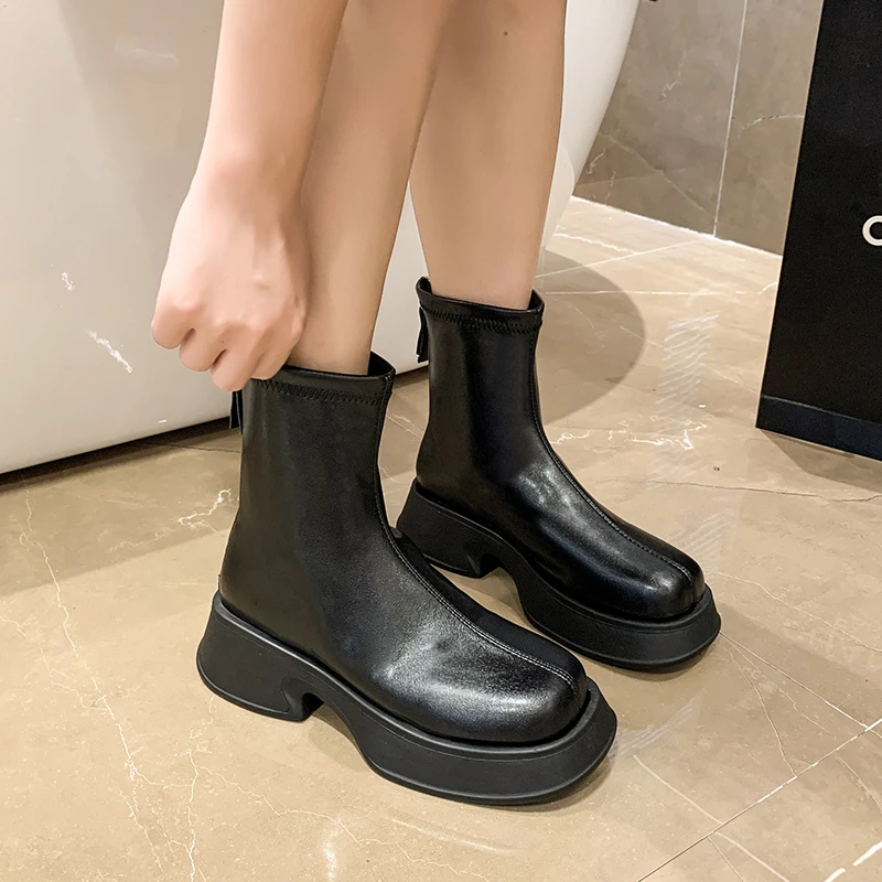 

Punk Style Autumn Winter Boots Elastic Microfiber Shoes Woman Ankle Boots High Heels Black Thick Platform Long Knee High Boots