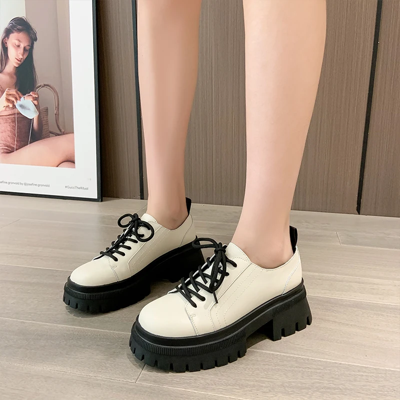 AIYUQI Loafers Women Genuine Leather 2023 New Thick-soled Casual Women Shoes British Style White Lace-up Women High Heels Shoes