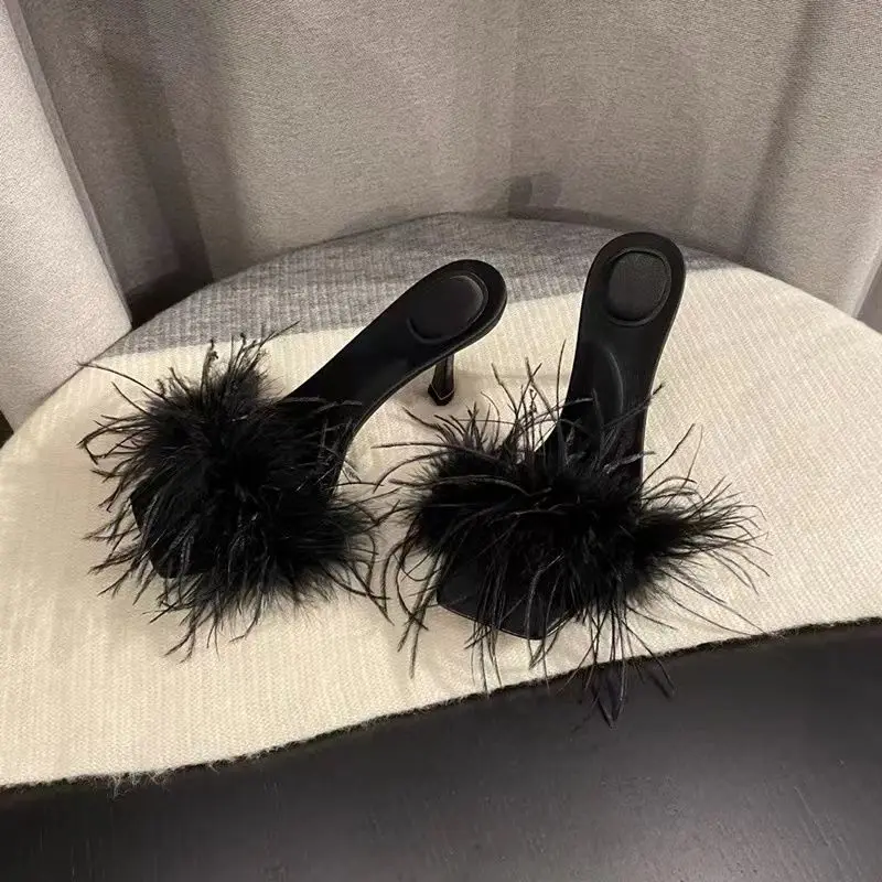 

Women's Slippers and Ladies Sandals Black Slides Vintage Feather Shoes Heeled Summer 2023 Furry Wedding Sexy Fuzzy Unique Eva I