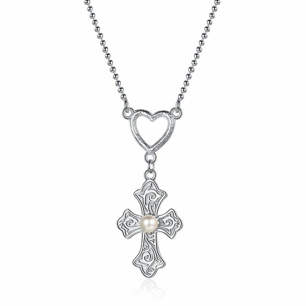 

Amaiyllis S925 Sterling Silver Luxury Freshwater Pearl Love Texture Cross Clavicle Chain Necklace Niche Cross Heart Necklace