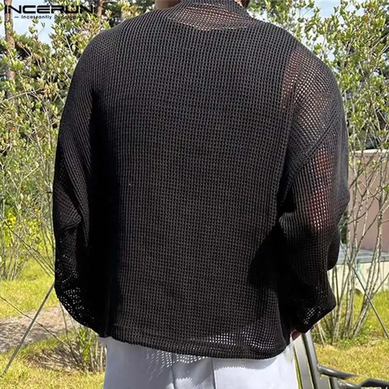 Рубашка INCERUN Мужская сетчатая Прозрачная с круглым вырезом и длинным рукавом на
