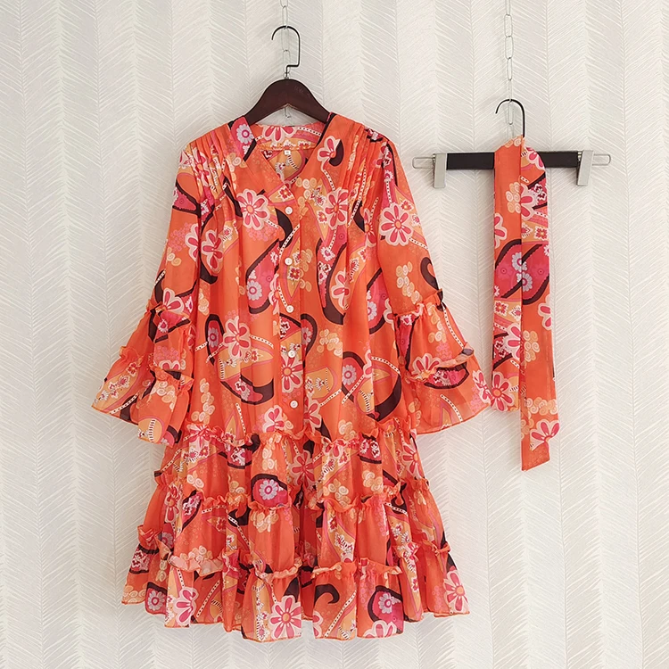 

Flare Sleeve Orange Color Flower Printed Women Loose Dress Single Breasted Belt Holiday Party Mini Dresses Clothes