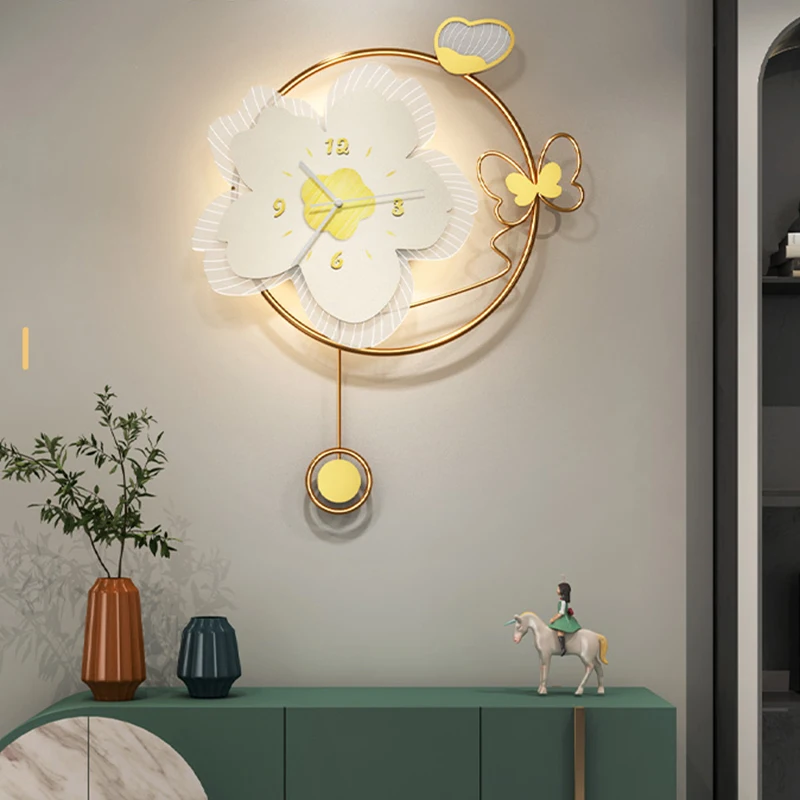

Luminous Flowers Wall Clocks Living Room Silent Metal Luxury Stylish Wall Watch Pendulum Art Chic Orologio Da Parete Room Decor