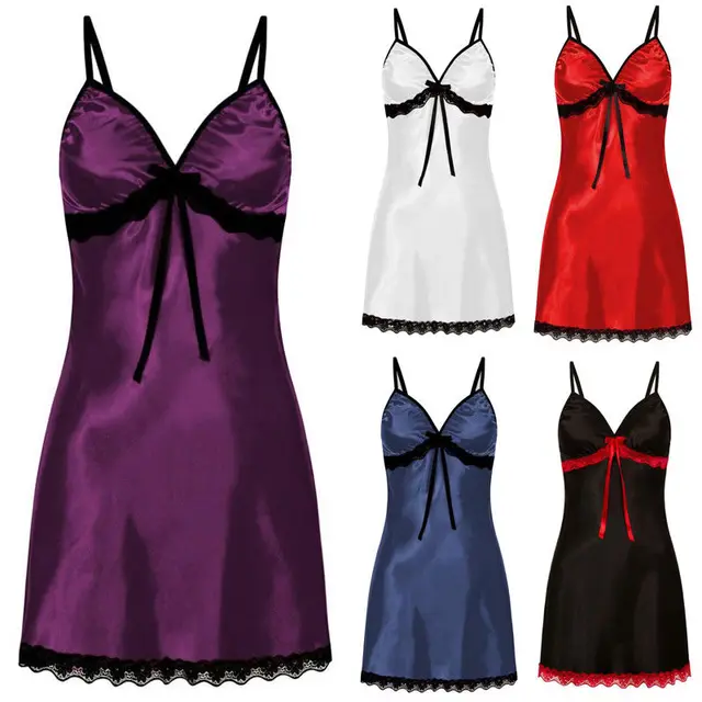 Sexy Sleepwear Plus Size 3XL Nightdress Nightwear Women Lace Silk Satin Sleeveless V-neck Nightgown