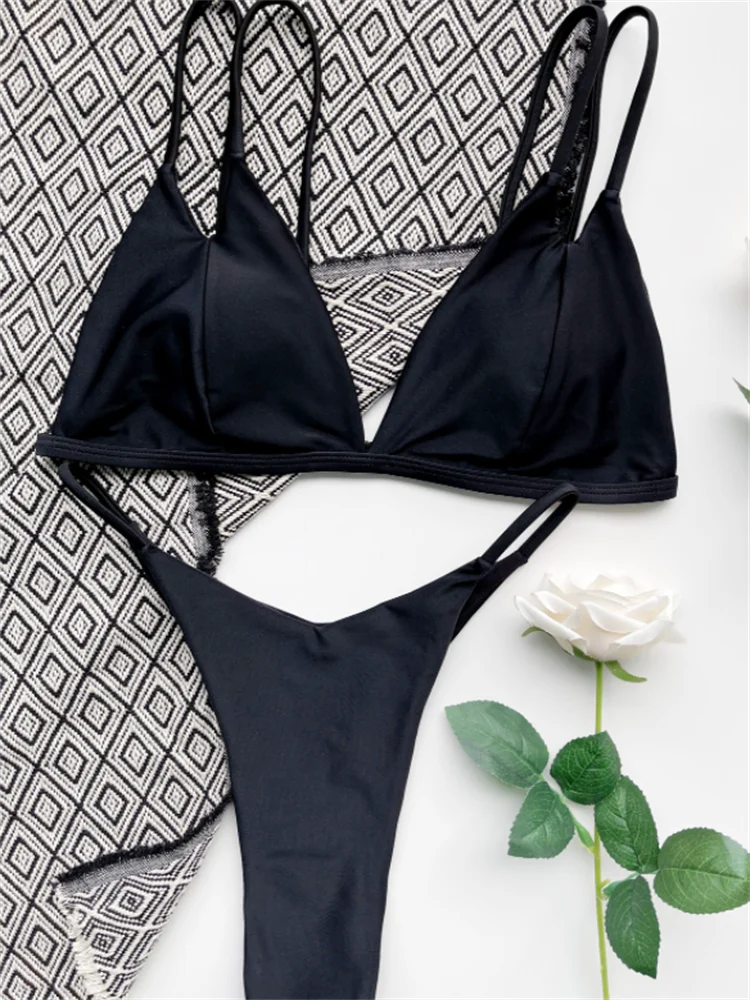 Купальник-бикини женский однотонный черный с открытой спиной 2 предмета |