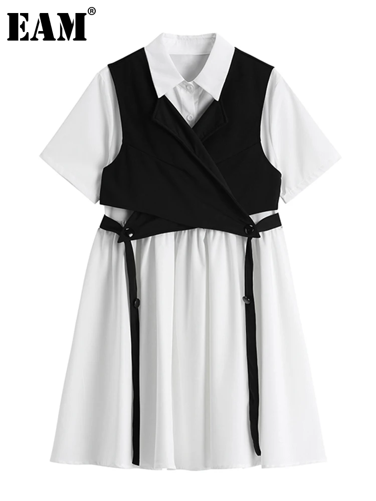 

[EAM] Women White Cross Bandage Split Dress New Lapel Short Sleeve Loose Fit Fashion Tide Spring Summer 2023 1W829