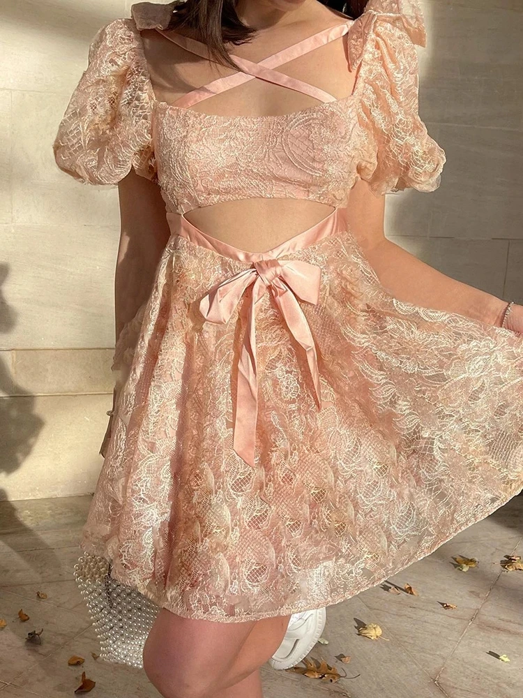 

Ladies Puff Sleeve Short Dress Summer Women Leisure Style Floral Embroidery Cross Strap Waist Hollow Slim Bubble Dress