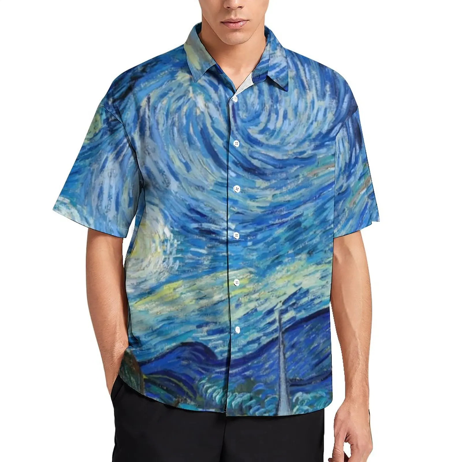 

The Starry Night Beach Shirt Vincent Van Gogh Hawaii Casual Shirts Man Trendy Blouses Short Sleeve Custom Clothing Plus Size