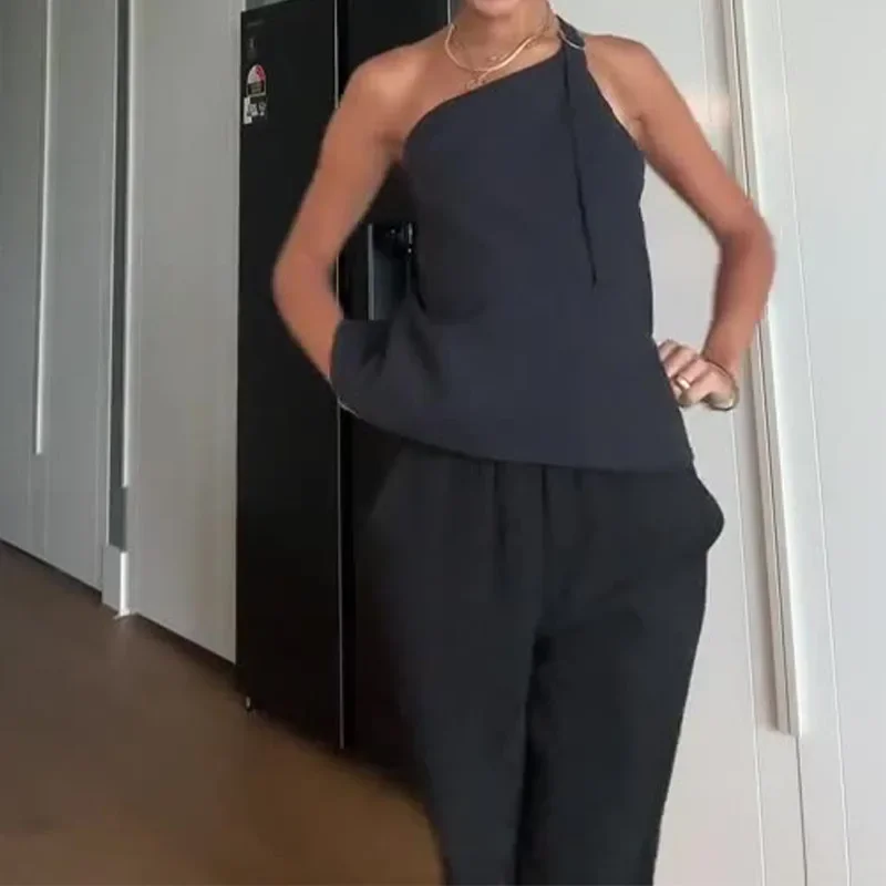 Женский Брючный комплект из двух предметов топ на одно плечо с открытой спиной и
