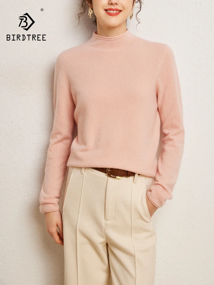 Элегантный свитер BirdTree из 35% кашемира и 65% шерсти Женский однотонный мягкий с