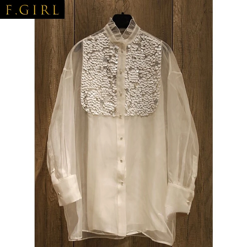 

F GIRLS Sequin Patchwork Shirt Blouse Women Stand Collar Long Sleeve See Through Solid Color Single Breasted Blusas Mujer