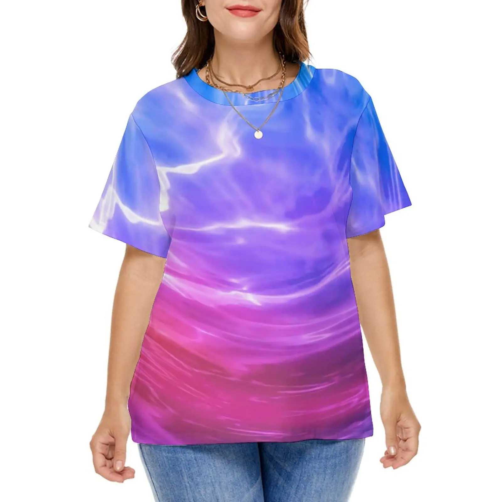 

Blue Pink Purple Liquid T Shirts Abstract Art Street Fashion T Shirt Short-Sleeve Ladies Modern Tshirt Beach Tees Plus Size
