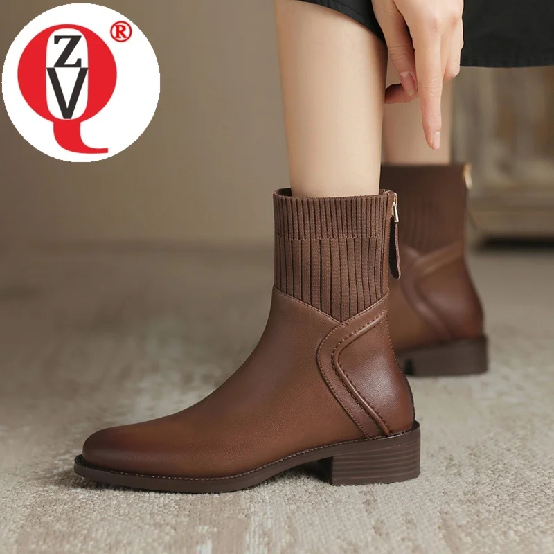 

ZVQ Woman New Fashion Ankle Boots Round Toe Real Leather Upper Thick Heel Handmade Winter Party Shoes Back Zipper Lady Booties