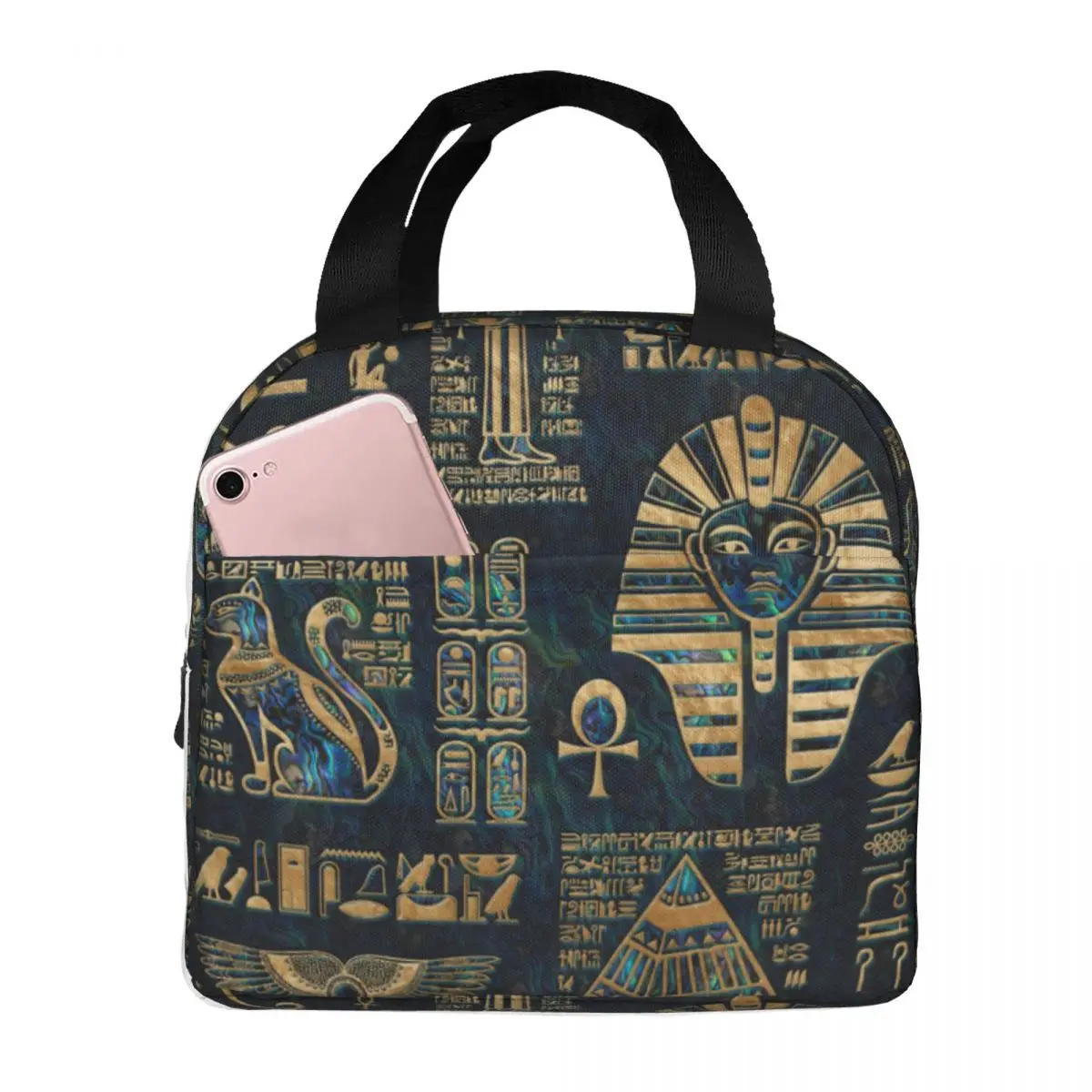 Lunch Bag for Women Kids Egyptian Hieroglyphs And Deities Insulated Cooler Portable School Egypt Pharaoh Canvas Tote Handbags