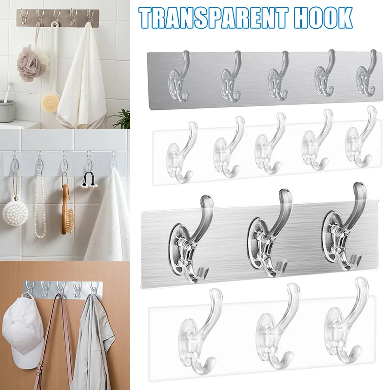 

Adhesive Sticker Wall Hooks 1/3/5 Rows Home Decor Wall Hanging Hanger Transparent Sticky Hook Invisible Waterproof Nail-Free