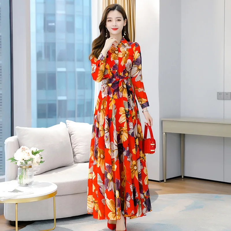 Muslim Women Maxi Floral Chiffon Dress Autumn Long Sleeve Runway Elegant Vintage Korean Long Dresses party Night  muslim dress