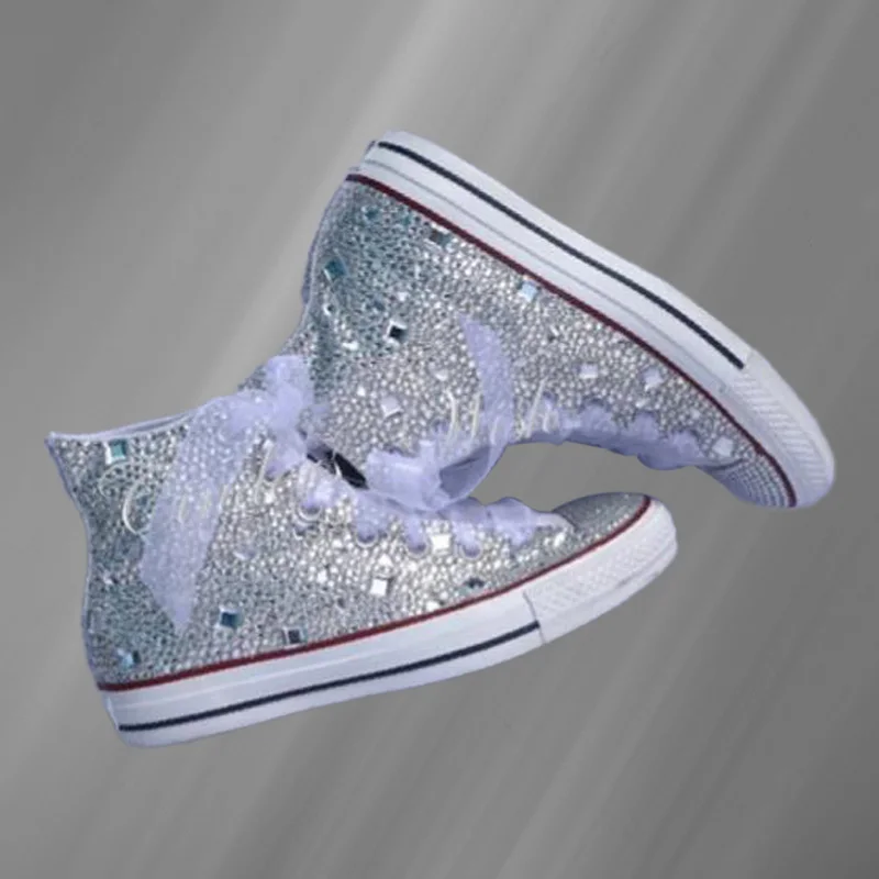 

High-top canvas shoes rhinestone ribbon street shooting comfortable walking shoes handmade rhinestone vulcanized shoes 35-46