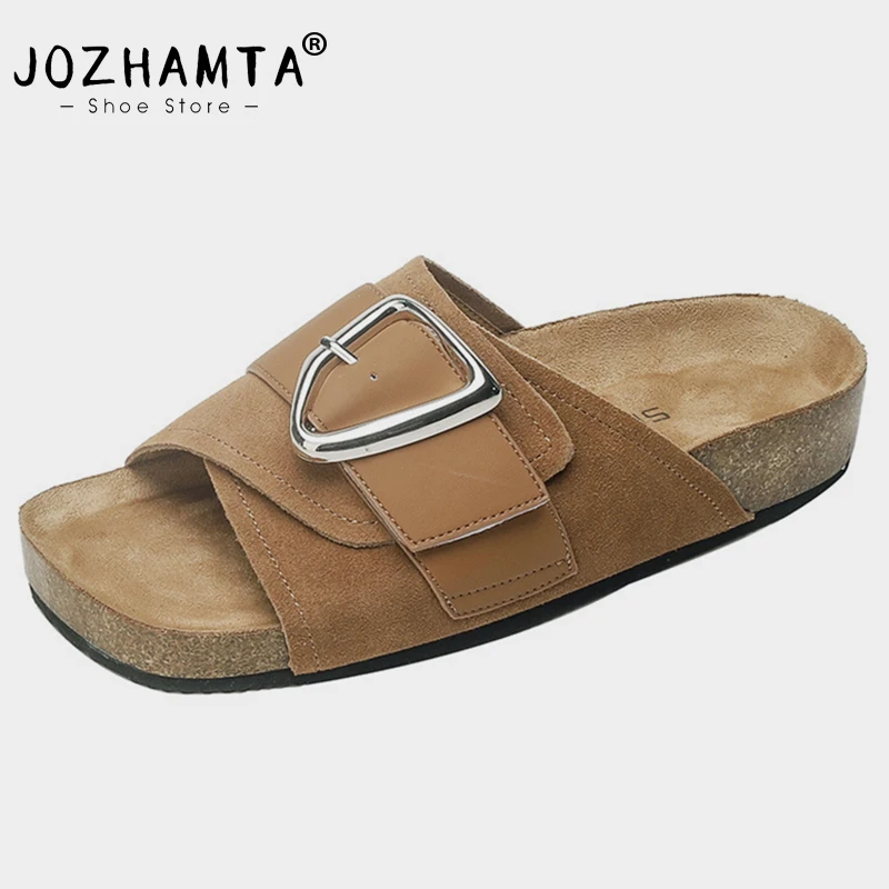 

JOZHAMTA Size 35-39 Flats Slippers Women Casual Low Heels Shoes For Women Summer 2023 Real Leather Sandals Platform Home Slides