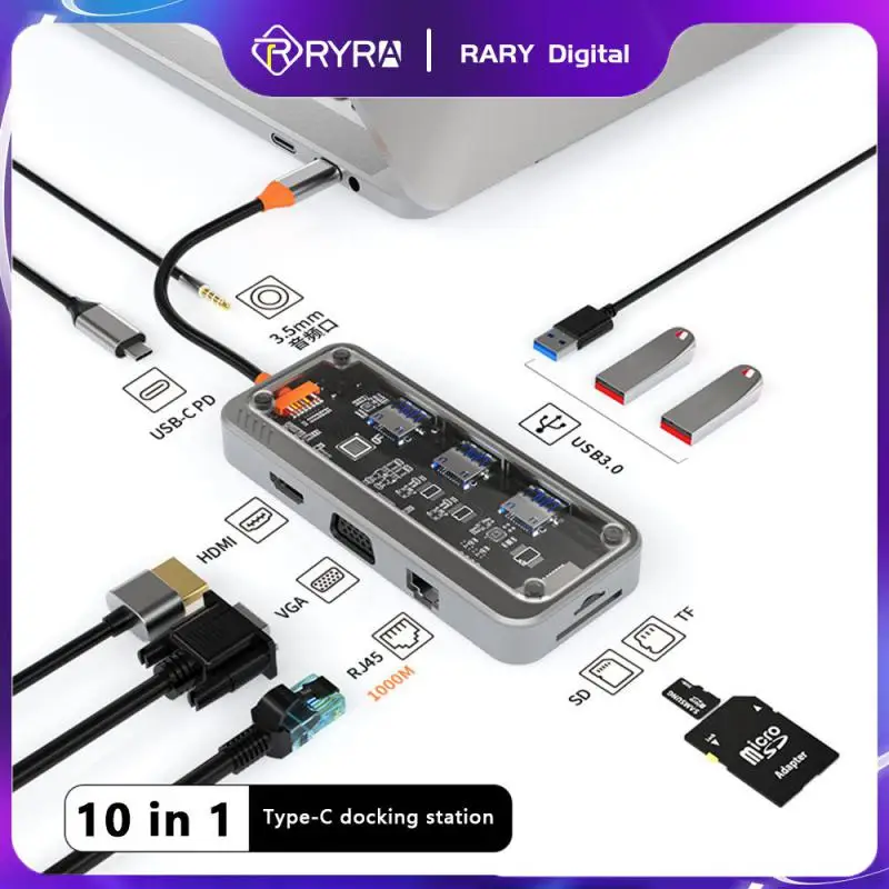 

USB-концентратор RYRA с 10 портами USB Type-C на USB 3,0 2,0, разветвитель, адаптер HDMI 4K с PD SD TF RJ45 VGA 3,5 мм, аудио разветвитель типа C