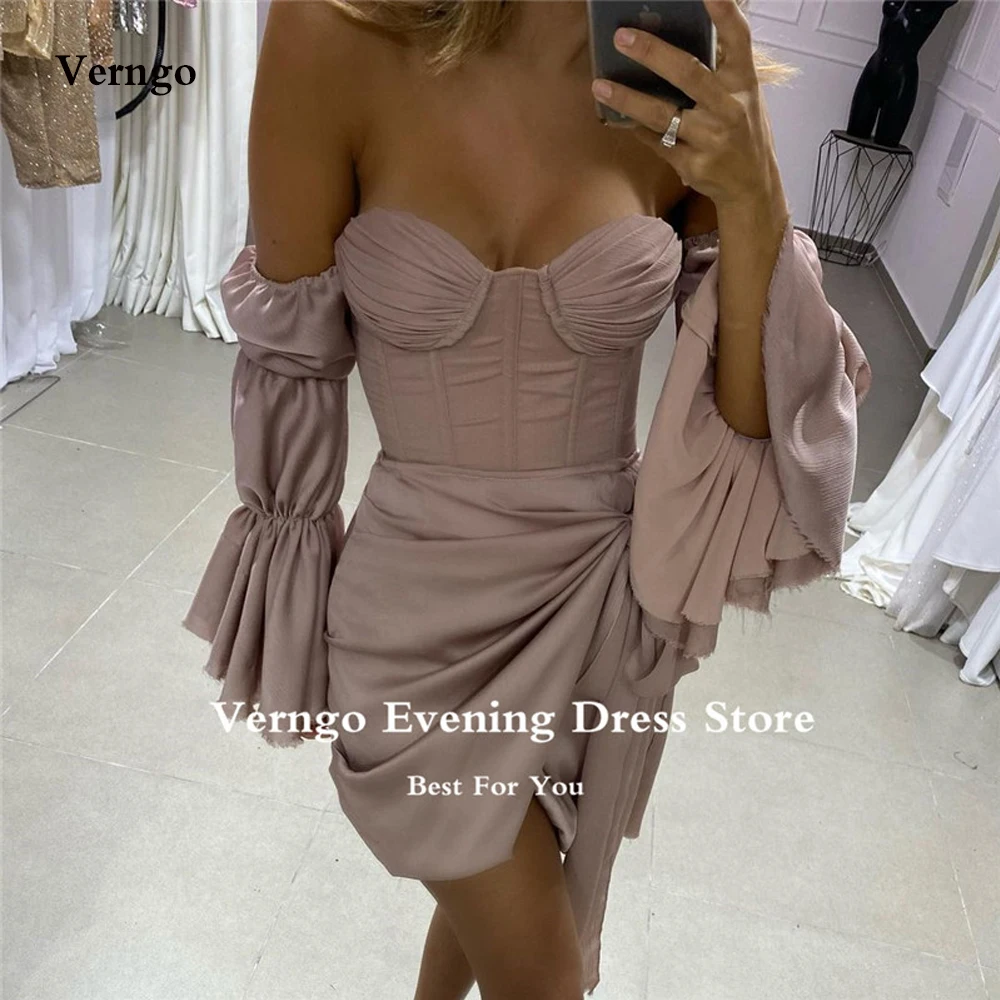 

Verngo Sexy Pale Dusty Arabic Short Cocktail Party Dresses Sweetheart Puff Long Sleeves Mini 2023 Formal Prom Evening Gowns